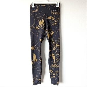 Nike Dri Fit Active Athletic Leggings Black & Gold Cherry Blossoms Design